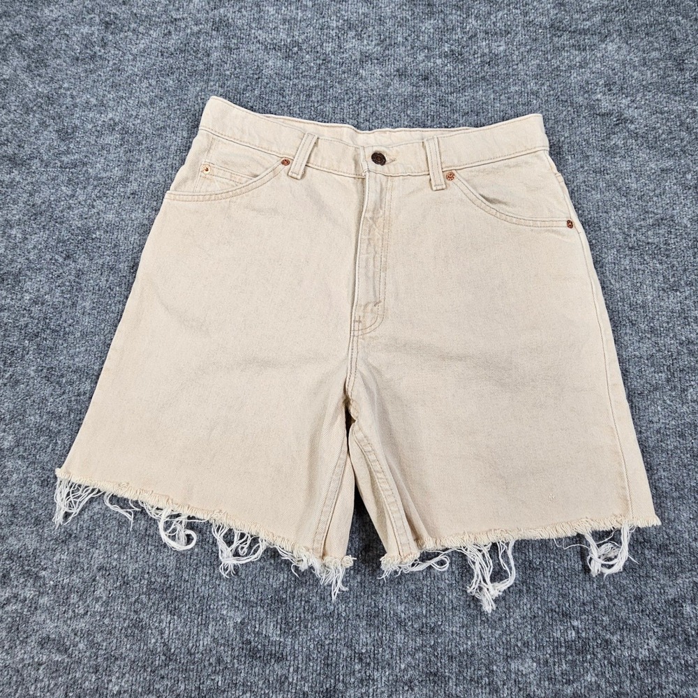 Vintage Levis 950 Orange Tab Cut Off Shorts Womens 11 Tan Khaki Raw Hem Made USA